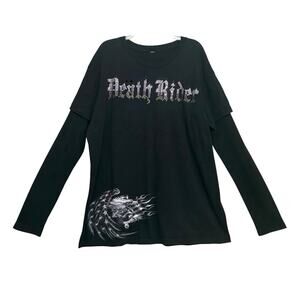 Y2K Bulzeye Goth Death Rider Wings Rhinestone Black Long Sleeve Shirt Men’s 2XL